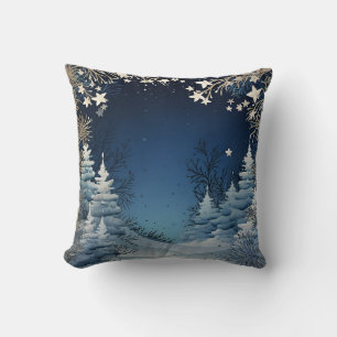 Coussin Joyeux Noël paillettes de neige décoratives bleues