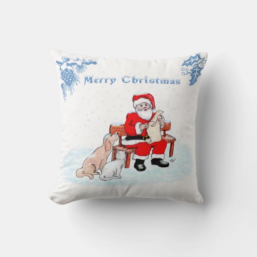 Coussin Joyeux Noël - Père Noël avec chat et chien (Recto)