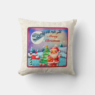 Coussin Joyeux Noël Père Noël, Traîneau, Renne, Flocon de