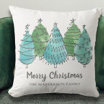 Coussin Joyeux Noël Personnalisé Nom Noël Arbres verts<br><div class="desc">Ajoutez ce charmant coussin festif à votre décor saisonnier. Il est décoré de sapins blancs dans les tons verts et turquoise. Customisez-le avec votre nom. Aquarelle originale © Michele Davies.</div>