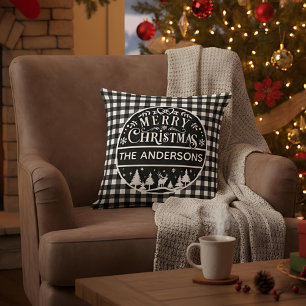 Coussin Joyeux Noël Plaid Noir et Blanc Nom Personnalisé