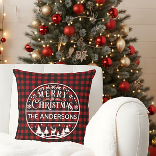 Coussin Joyeux Noël Plaid Rouge et Noir Nom Personnalisé