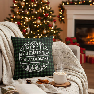 Coussin Joyeux Noël Plaid Vert & Noir Nom Personnalisé