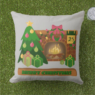 Coussin Joyeux Noël près de la cheminée bonfire xmas arbre
