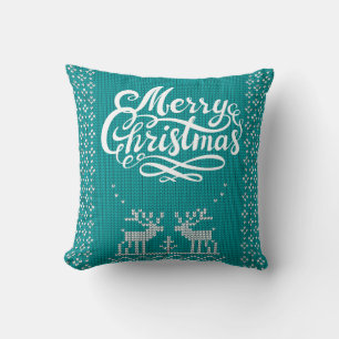 Coussin Joyeux Noël Renne Tissé Scandinave Sarcelle