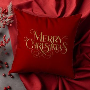 Coussin Joyeux Noël Retro Typographie or sur Rouge