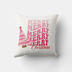 Coussin Joyeux Noël rose et sapin de Noël
