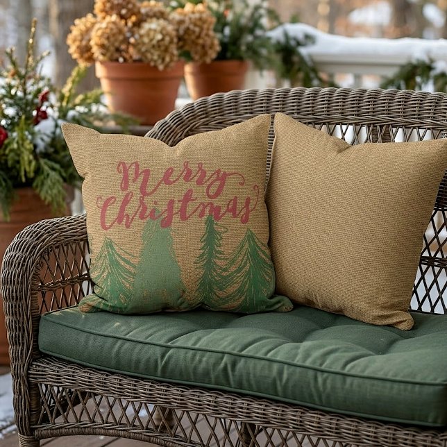 Coussin Joyeux Noël rouge arbres verts faux jute toile de  (Créateur téléchargé)