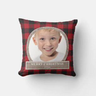 Coussin Joyeux Noël Rouge Buffalo Plaid Burlap Photo
