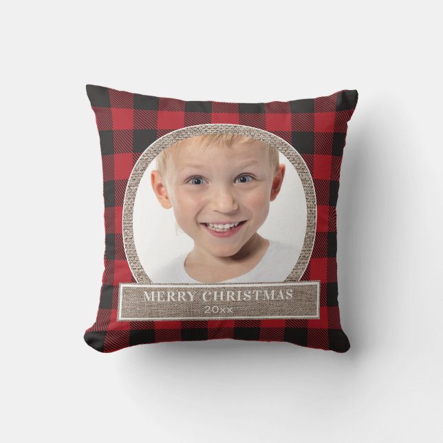 Coussin Joyeux Noël Rouge Buffalo Plaid Burlap Photo (Recto)