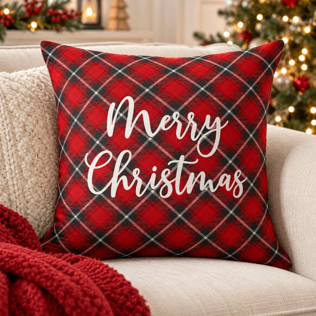 Coussin Joyeux Noël Rouge Carreaux Typographie Script (A A festive red plaid merry Christmas pillow)