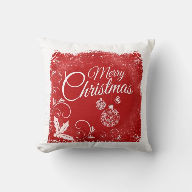 Coussin Joyeux Noël rouge et blanc Vintage rétro (Recto)