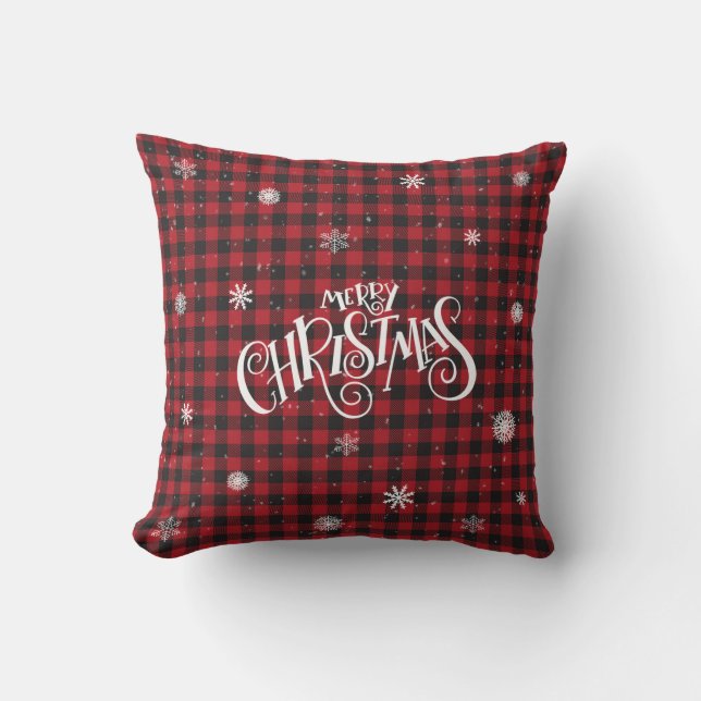 Coussin Joyeux Noël Rouge et noir Buffalo plaqué neige (Recto)