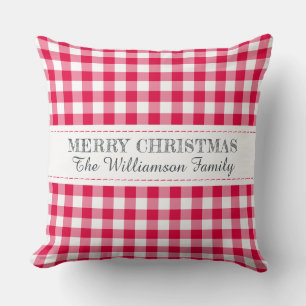 Coussin Joyeux Noël Rouge Gingham Monogramme Nom