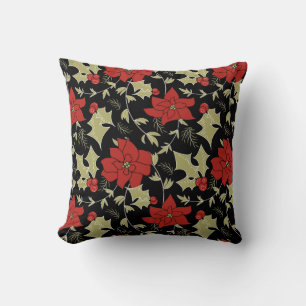 Coussin Joyeux Noël rouge poinsettia vert eul
