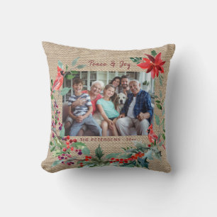 Coussin Joyeux Noël rustique floral famille photo burlap