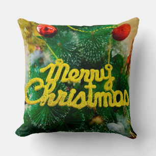 Coussin Joyeux Noël Sapin de Noël Paillettes Vertes Fêtes