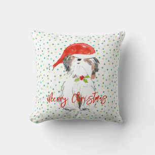Coussin Joyeux Noël ShiTzu Chien Festive Santa Hat Holly