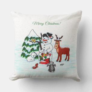 Coussin Joyeux Noël ! Snowman avec amis
