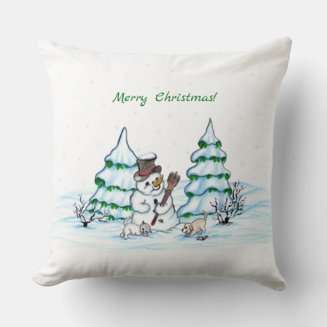 Coussin Joyeux Noël ! Snowman avec chat et chiot (Recto)
