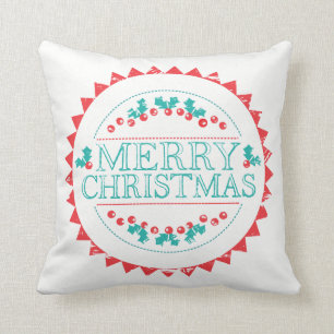 Coussin Joyeux Noël Typographie de tampon de craie Aqua et