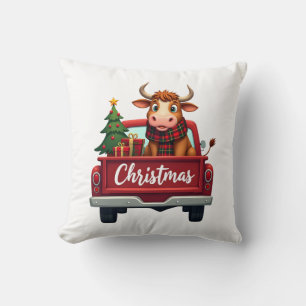 Coussin Joyeux Noël Vache Highland Sapin Rouge Tr