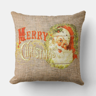 Coussin Joyeux Noël vintage et Père Noël sur toile de jute