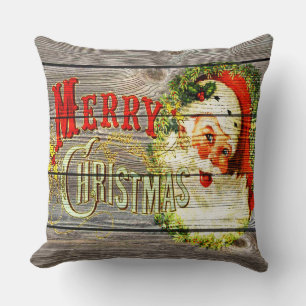 Coussin Joyeux Noël vintage et Père Noël sur vieux bois ru