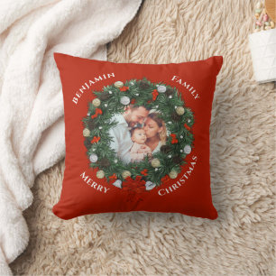 Coussin Joyeux Noël Wreath Family Photo Personnaliser