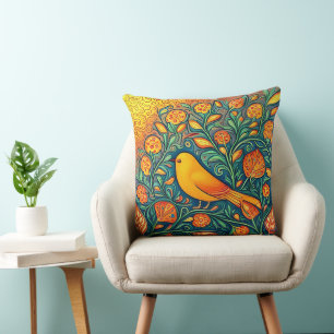 Coussin Joyeux Oiseau Jaune Whimsical Artsy Folk Swirls