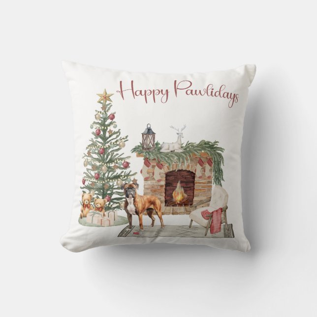 Coussin Joyeux Pawlidays Design de Chien- Boxer (Recto)