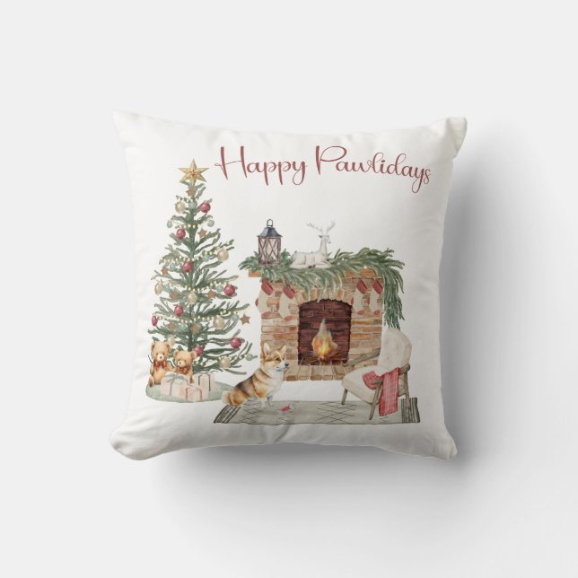 Coussin Joyeux Pawlidays Design de Chien - Corgi (Recto)