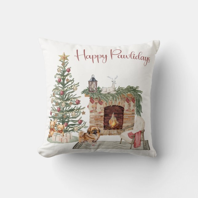 Coussin Joyeux Pawlidays Design de Chien -Pékinois (Recto)