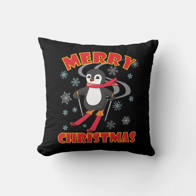 Coussin Joyeux pingouin de ski de Noël (Recto)