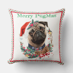 Coussin Joyeux PugMas - Carlin mignon portant le chapeau d
