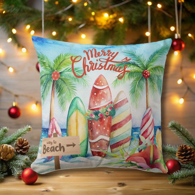 Coussin Joyeux Surfboards de Noël sur la plage (Créateur téléchargé)