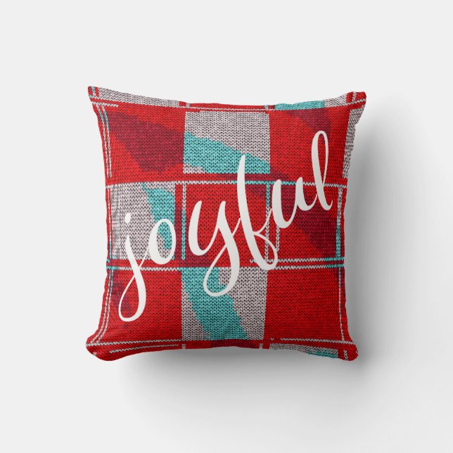 Coussin Joyeux Tricot bleu rouge Plaid Motif Noël (Recto)