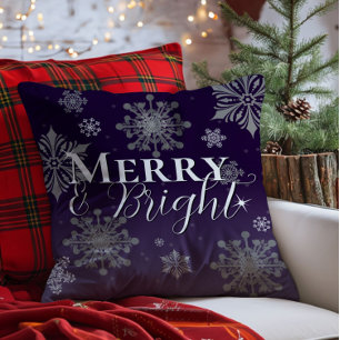 Coussin Joyeux violet et flocons de neige brillants Noël