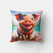 Coussin "Joyful Piglet in Mud Bath - Whimssical Farm Art" (Verso)