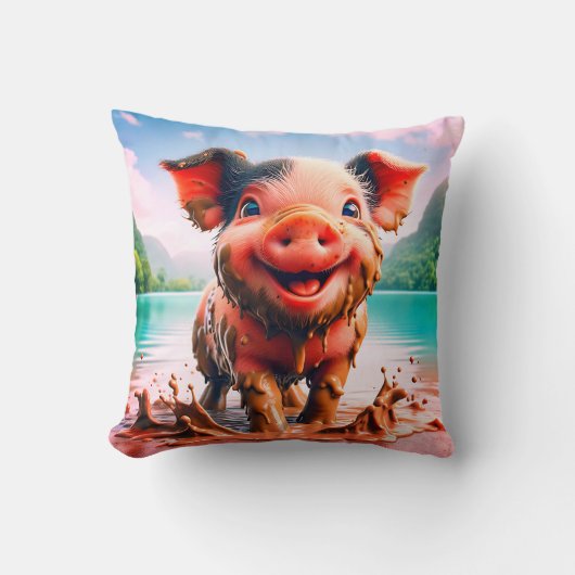 Coussin "Joyful Piglet in Mud Bath - Whimssical Farm Art" (Recto)