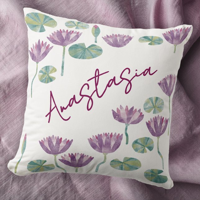Coussin July Birth Month Water Lily Personalized (July birthday birth month flower water lily watercolor personalized custom name throw pillow gift)