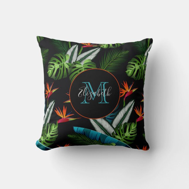 Coussin Jungle feuillage vert feuille safari noir (Recto)