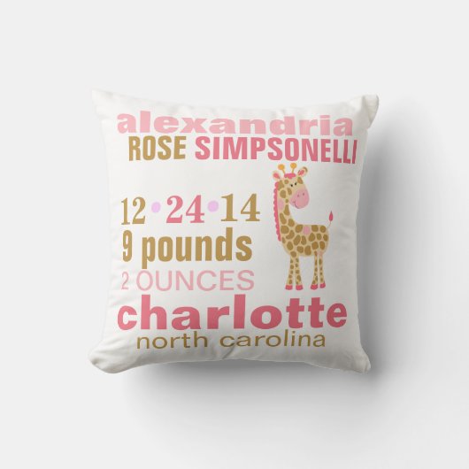 Coussin Jungle Jill Giraffe rose Faire-part de naissance (Recto)