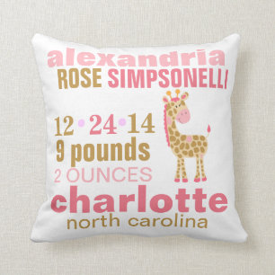 Coussin Jungle Jill Giraffe rose Faire-part de naissance