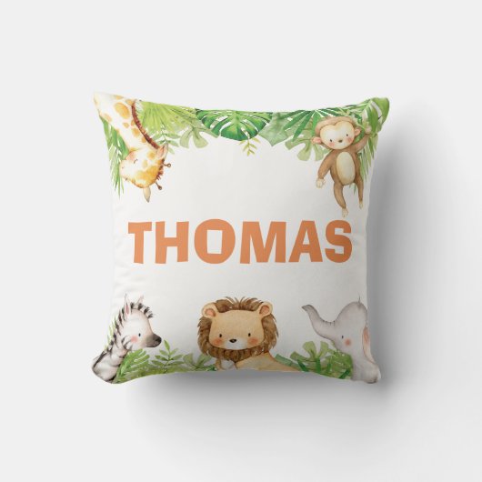 Coussin Jungle Safari Animaux Statistiques de naissance Ba (Recto)