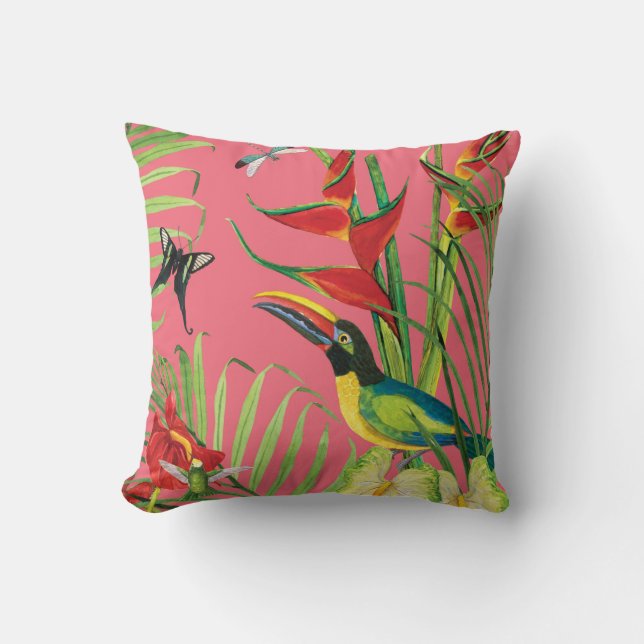 Coussin Jungle tropicale Oiseau Toucan Aquarelle rose Flor (Recto)