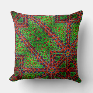 Coussin Kaléidoscope inégal rouge et vert de triangles à..