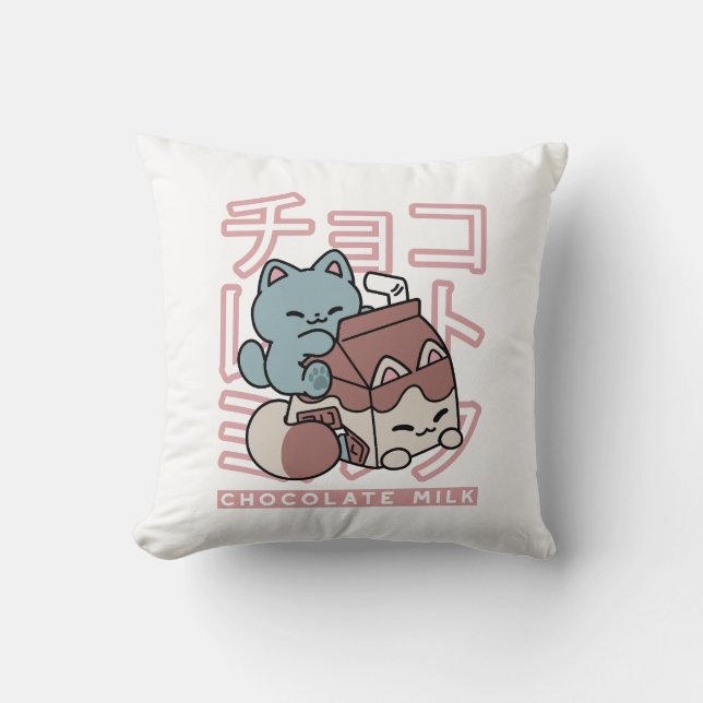 Coussin Kawaii Cat with Chocolate Milk – Japanese Pop Art  (Recto)