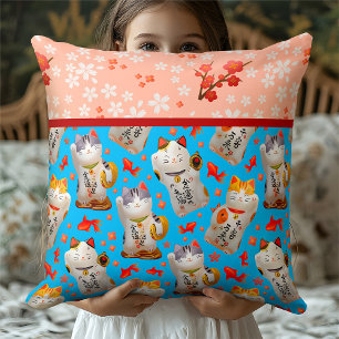 Coussin Kawaii Maneki Neko Style Floral Kimono Bleu
