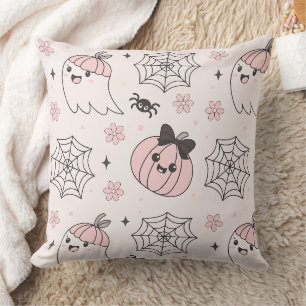 Coussin Kawaii Motif d'Halloween rose avec Ghost, Citrouil